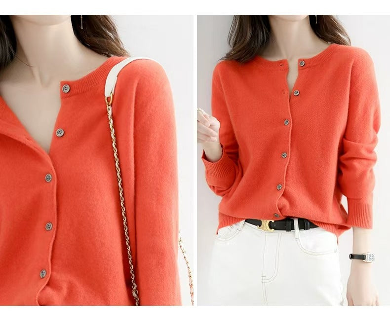 Autumn and Winter New Round Neck Knitted Cardigan Women's Loose Large Size Sweater Versatile Jacket Pure Color Bottoming Wool Jacket