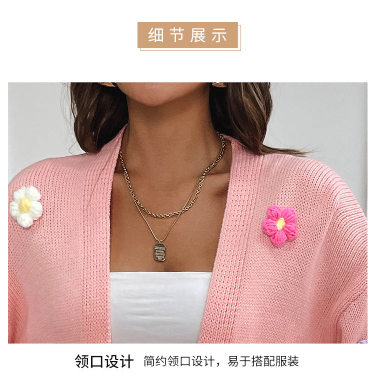 Foreign trade cross-border new hand hook flower sweet knitted cardigan sweater coat women's lazy casual loose sweater