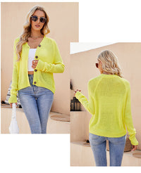 Foreign Trade 2024 Spring and Summer Women's Clothing European and American Casual Raglan Sleeve Knitted Thin Outwear Fluorescent Pink V Neck Knitted Cardigan