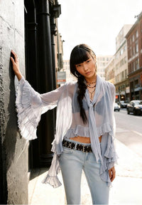 European and American women's fashion sexy perspective blouse top 2025 summer new horn sleeve design French lace