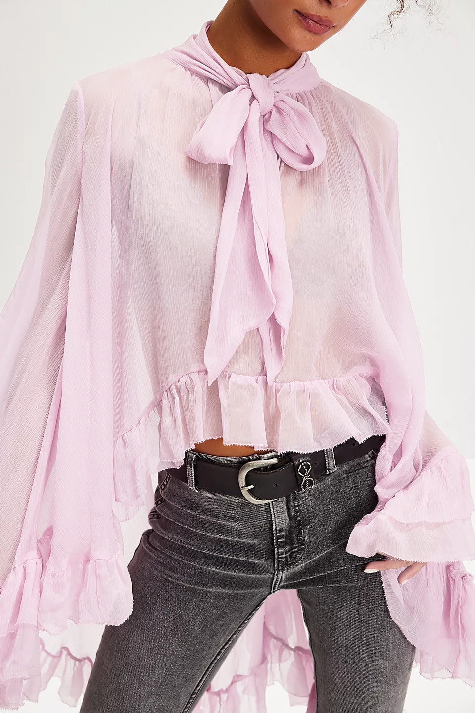 European and American women's fashion sexy perspective blouse top 2025 summer new horn sleeve design French lace