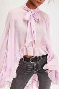 European and American women's fashion sexy perspective blouse top 2025 summer new horn sleeve design French lace