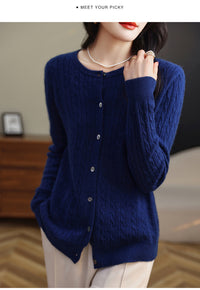 Retro Literary Elegant Slim Spring & Fall New Round Neck Knitted Cardigan Skin-friendly Soft Twist Sweater Jacket for Women