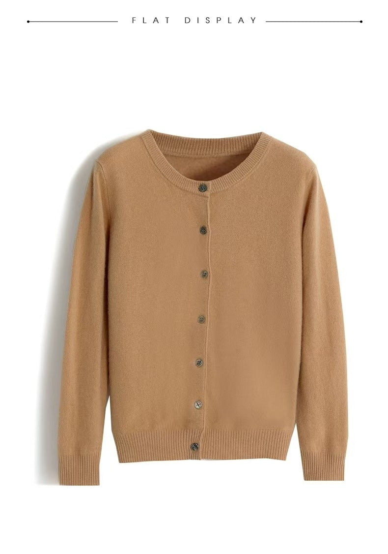 Autumn and Winter New Round Neck Knitted Cardigan Women's Loose Large Size Sweater Versatile Jacket Pure Color Bottoming Wool Jacket