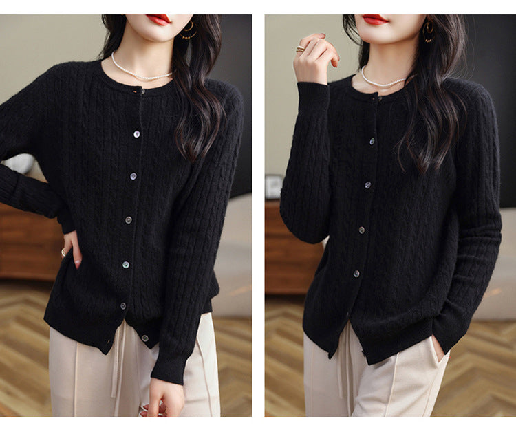 Retro Literary Elegant Slim Spring & Fall New Round Neck Knitted Cardigan Skin-friendly Soft Twist Sweater Jacket for Women