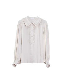 Apricot Ruffled Doll Collar Blouse for Women 2024 Spring and Autumn Loose Lantern Sleeve Unique Top with an Artistic Style