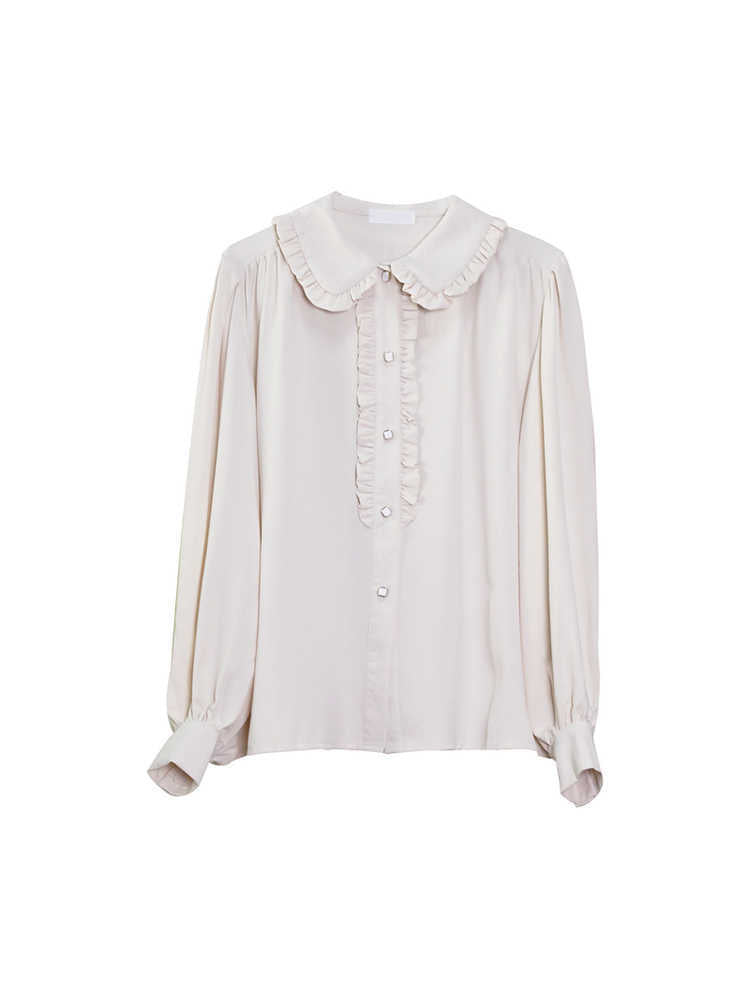 Apricot Ruffled Doll Collar Blouse for Women 2024 Spring and Autumn Loose Lantern Sleeve Unique Top with an Artistic Style