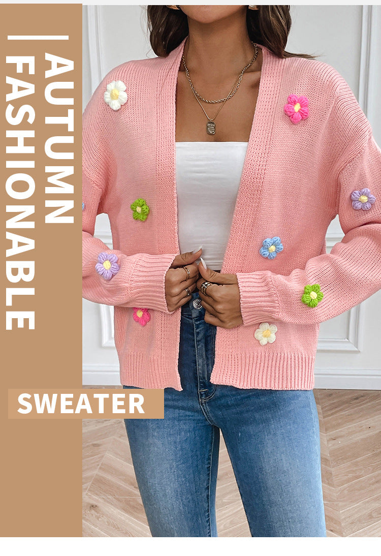 Foreign trade cross-border new hand hook flower sweet knitted cardigan sweater coat women's lazy casual loose sweater