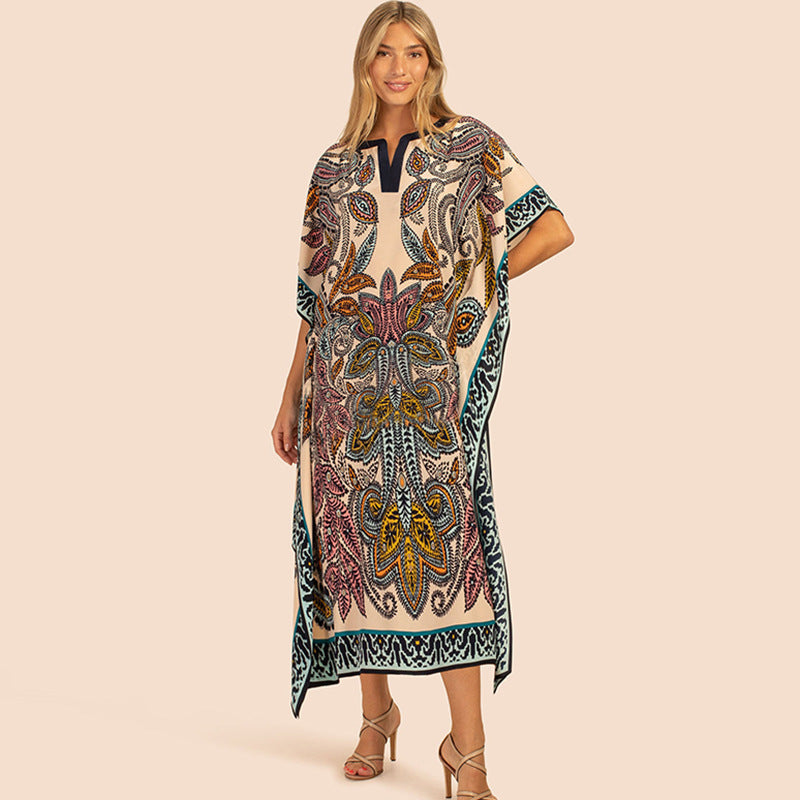 European and American New Positioning Printed Blouse Seaside Vacation Long Dress Loose Blouse Bikini Swimwear Long Gown Women