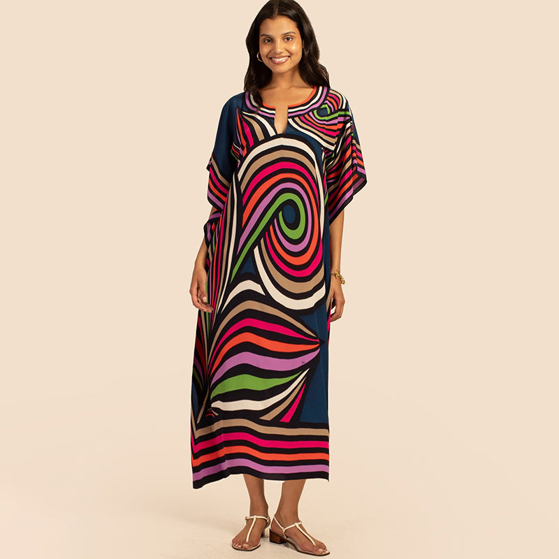 European and American New Positioning Printed Blouse Seaside Vacation Long Dress Loose Blouse Bikini Swimwear Long Gown Women