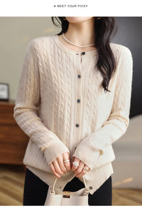 Retro Literary Elegant Slim Spring & Fall New Round Neck Knitted Cardigan Skin-friendly Soft Twist Sweater Jacket for Women