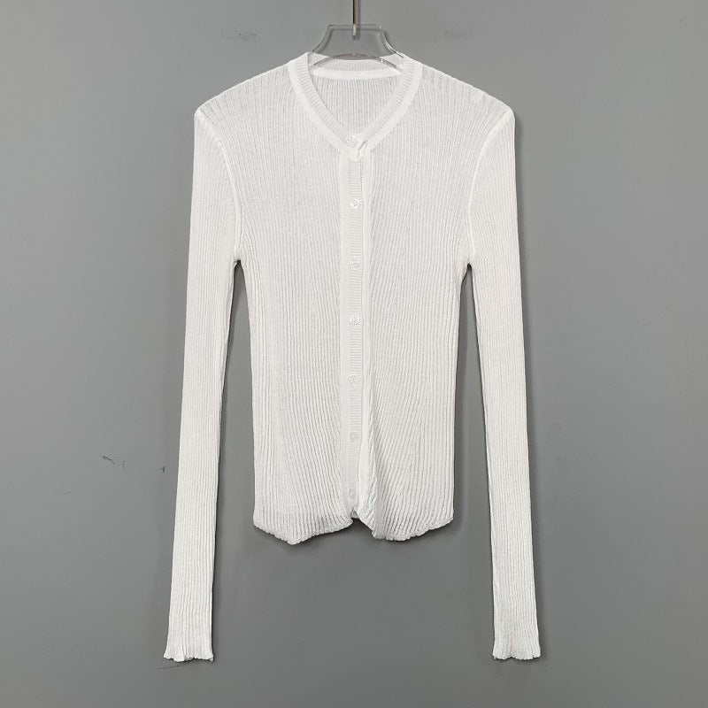 South Korea Dongdaemun fashionable all-match slim-fit sexy black micro-transparent sun protection long-sleeved knitted cardigan top for women