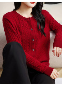 Retro Literary Elegant Slim Spring & Fall New Round Neck Knitted Cardigan Skin-friendly Soft Twist Sweater Jacket for Women