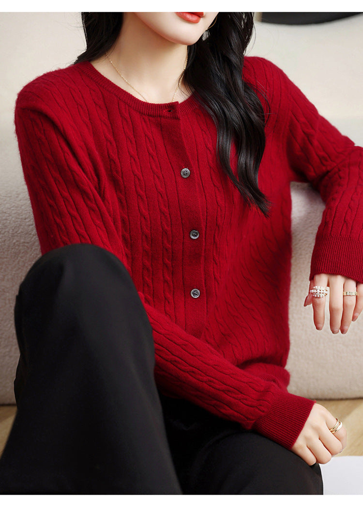 Retro Literary Elegant Slim Spring & Fall New Round Neck Knitted Cardigan Skin-friendly Soft Twist Sweater Jacket for Women
