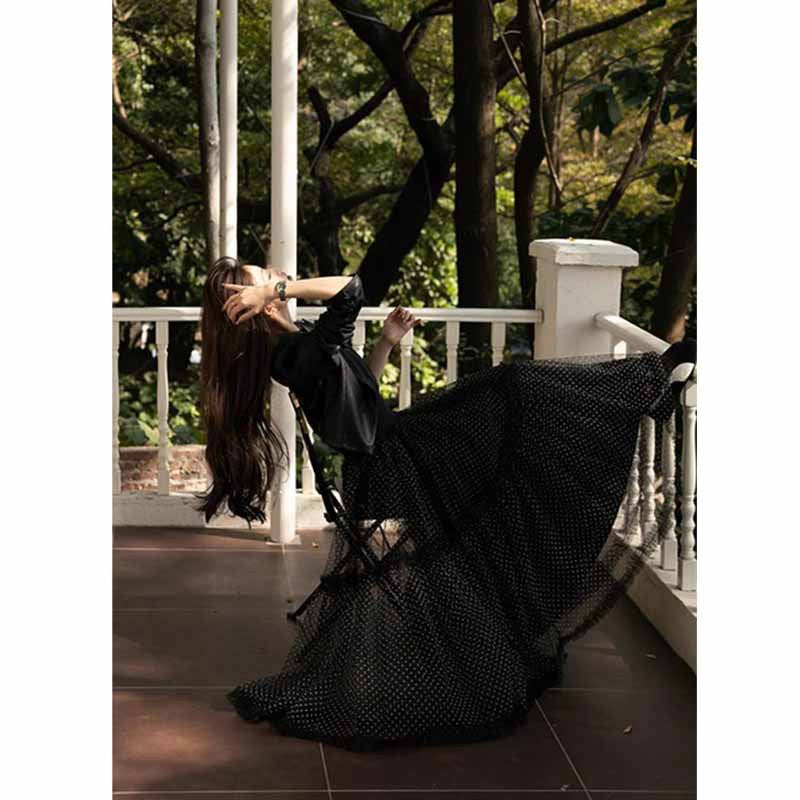 Designed Mesh Large Hem Umbrella Skirt for Women Summer French Romantic Fairy Long Skirt Polka Dot Skirt