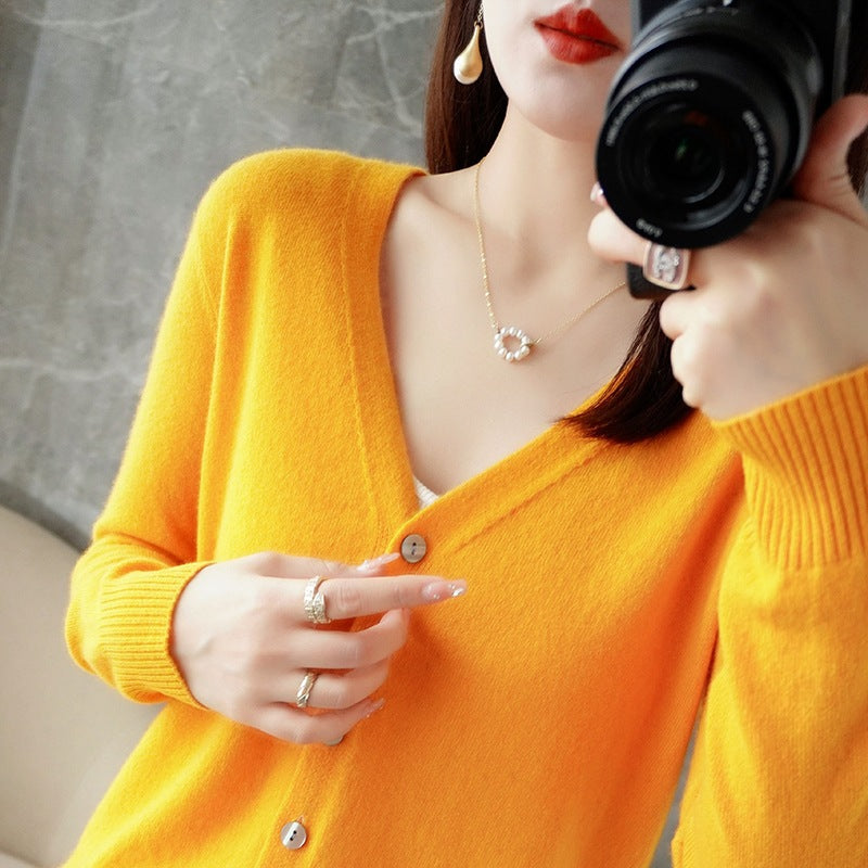 Knitted Cardigan Women's Spring and Autumn Long-Sleeved Sweater Cardigan Thin Age-Reducing Jacket Knitted Sweater Cross-Border Sweater Cardigan Base