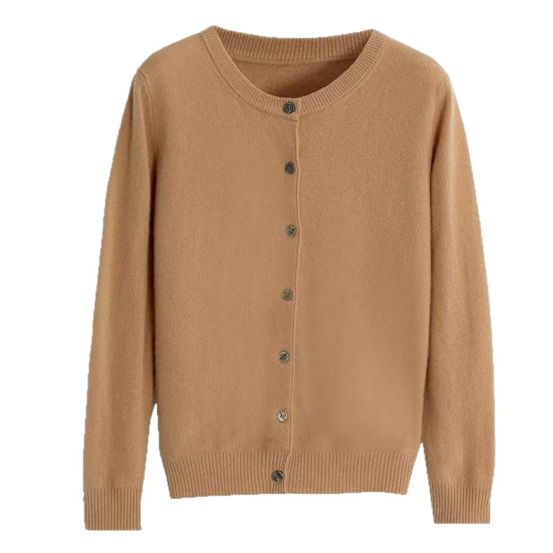 Autumn and Winter New Round Neck Knitted Cardigan Women's Loose Large Size Sweater Versatile Jacket Pure Color Bottoming Wool Jacket