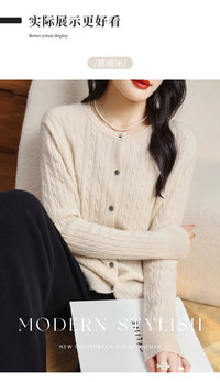 Retro Literary Elegant Slim Spring & Fall New Round Neck Knitted Cardigan Skin-friendly Soft Twist Sweater Jacket for Women