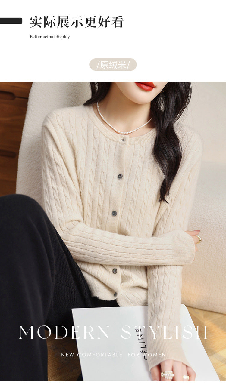 Retro Literary Elegant Slim Spring & Fall New Round Neck Knitted Cardigan Skin-friendly Soft Twist Sweater Jacket for Women