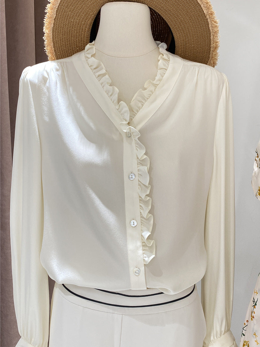 Silk Shirt for Women 2026 Early Spring New French Crepe De Chine Blouse White Commuter Lace 100% Mulberry Silk Top