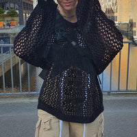 Lazy Style Star Loose Long-Sleeved Knitwear 2025 Women's Sexy Cut Out See-Through Pure Color Slimming Look Woolen Blouse