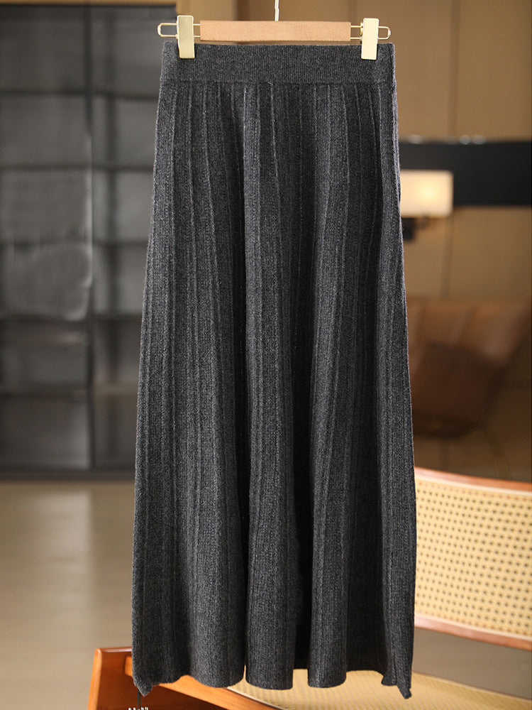 25 Autumn/Winter 100% Pure Wool Knitted Shiny Silk Midi Skirt for Women High Waist Mid-Length Red Skirt Sparkling A-Line Umbrella Skirt
