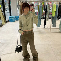 Floral Yarn Round Neck Cardigan Single-Breasted Mohair Soft Waxy Knitted Cardigan for Women Casual Versatile Fashion Versatile