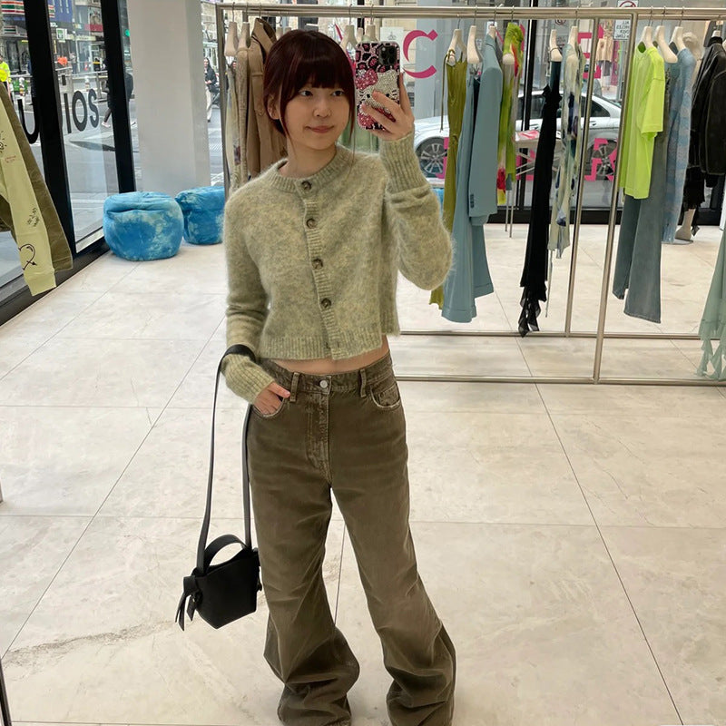 Floral Yarn Round Neck Cardigan Single-Breasted Mohair Soft Waxy Knitted Cardigan for Women Casual Versatile Fashion Versatile