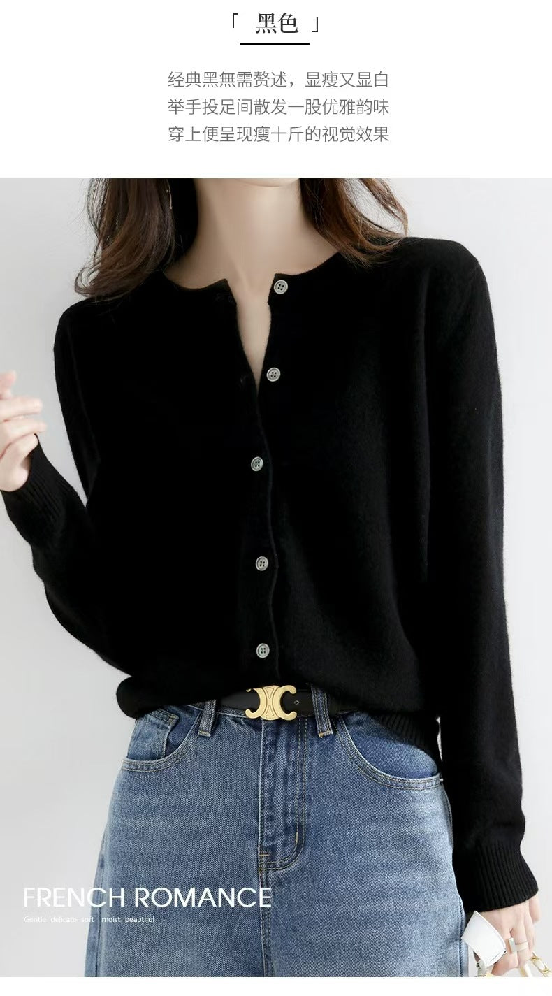 Autumn and Winter New Round Neck Knitted Cardigan Women's Loose Large Size Sweater Versatile Jacket Pure Color Bottoming Wool Jacket