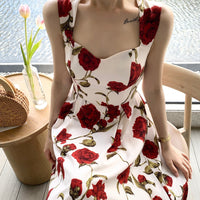 Summer New French Style Seaside Vacation Romantic Rose dress Thin Sleeveless Shoulder Hanging Floral Vest Long Dress for Women