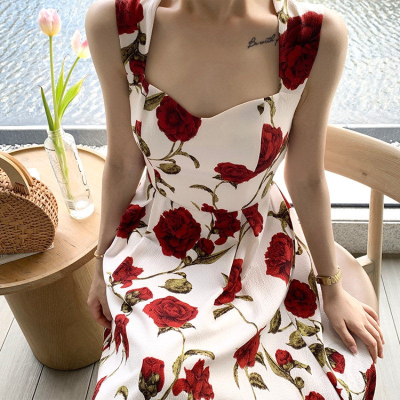 Summer New French Style Seaside Vacation Romantic Rose dress Thin Sleeveless Shoulder Hanging Floral Vest Long Dress for Women