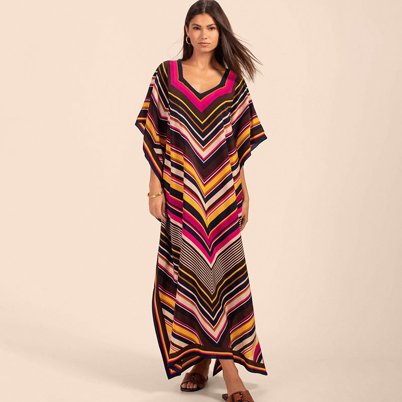 European and American New Positioning Printed Blouse Seaside Vacation Long Dress Loose Blouse Bikini Swimwear Long Gown Women