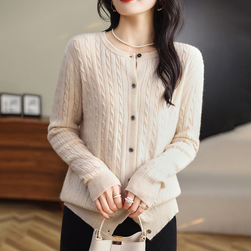 Retro Literary Elegant Slim Spring & Fall New Round Neck Knitted Cardigan Skin-friendly Soft Twist Sweater Jacket for Women
