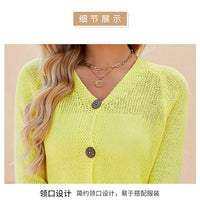 Foreign Trade 2024 Spring and Summer Women's Clothing European and American Casual Raglan Sleeve Knitted Thin Outwear Fluorescent Pink V Neck Knitted Cardigan
