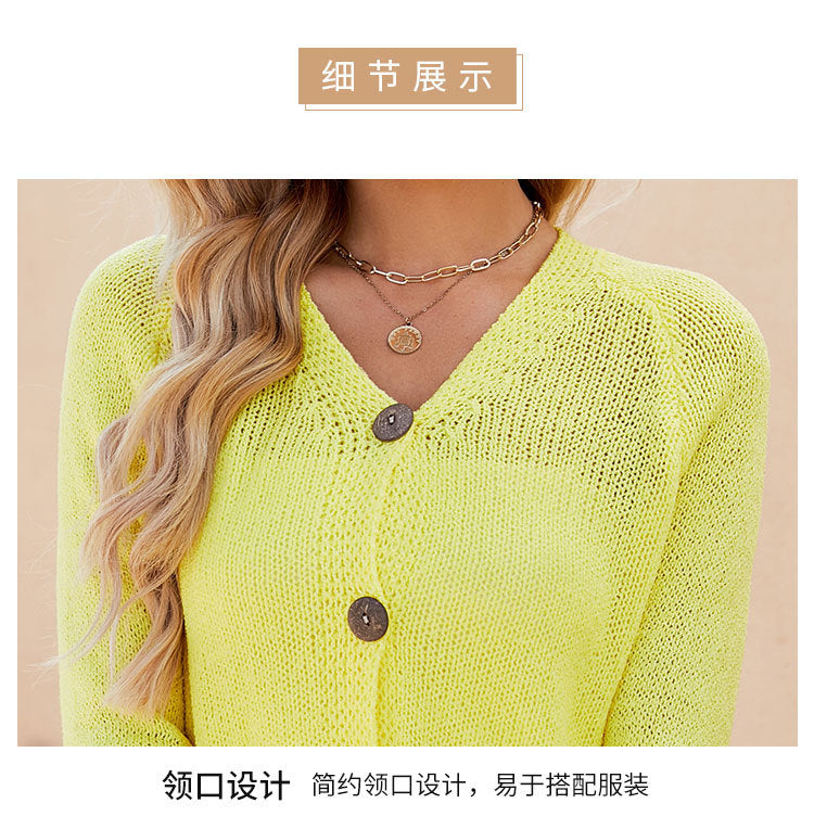 Foreign Trade 2024 Spring and Summer Women's Clothing European and American Casual Raglan Sleeve Knitted Thin Outwear Fluorescent Pink V Neck Knitted Cardigan