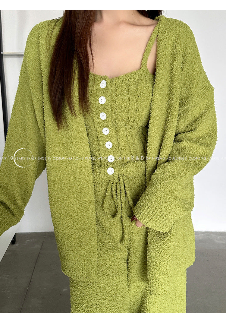 Three-Piece Set of Soft Pajamas for Women in Autumn and Winter, Twisted Rope Vest, Cardigan, Knitted, Can Be Worn Outside, Elegant Lady's Home Clothes
