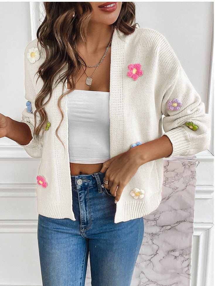 Foreign trade cross-border new hand hook flower sweet knitted cardigan sweater coat women's lazy casual loose sweater