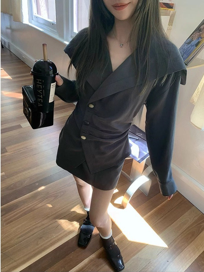 Romantic Early Morning · Spring New Lapel Irregular Placket Long Sleeve Shirt for Women & A- line Half Skirt