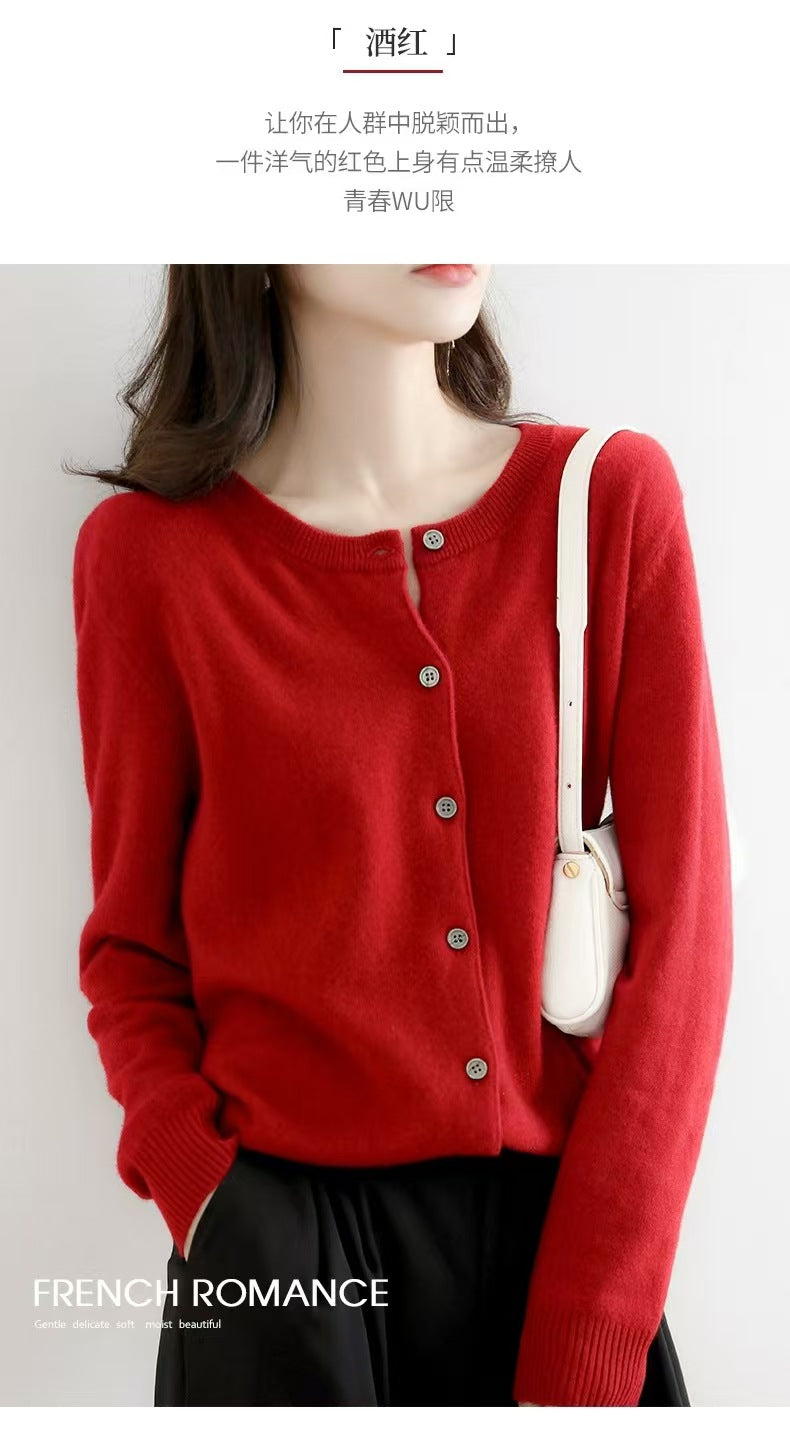 Autumn and Winter New Round Neck Knitted Cardigan Women's Loose Large Size Sweater Versatile Jacket Pure Color Bottoming Wool Jacket