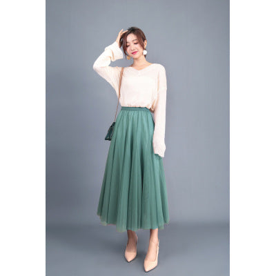 New Long Veil Skirt Oversized Puff Mesh Skirt Women's Spring and Summer High Waist Slim-Fit Pleated A- Line Fairy Skirt