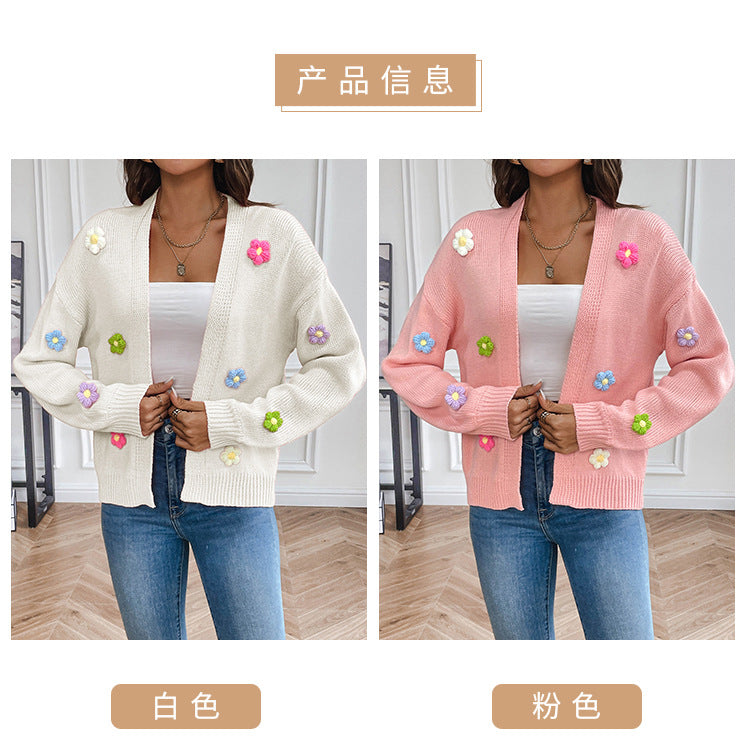 Foreign trade cross-border new hand hook flower sweet knitted cardigan sweater coat women's lazy casual loose sweater