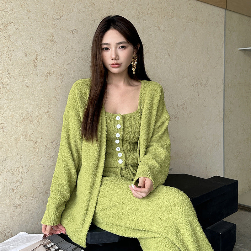 Three-Piece Set of Soft Pajamas for Women in Autumn and Winter, Twisted Rope Vest, Cardigan, Knitted, Can Be Worn Outside, Elegant Lady's Home Clothes