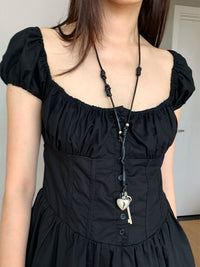 Dorothy Summer New French Style Romantic Little Black Dress with Line Collar and Lantern Sleeves Slimming Ballet Style dress Women
