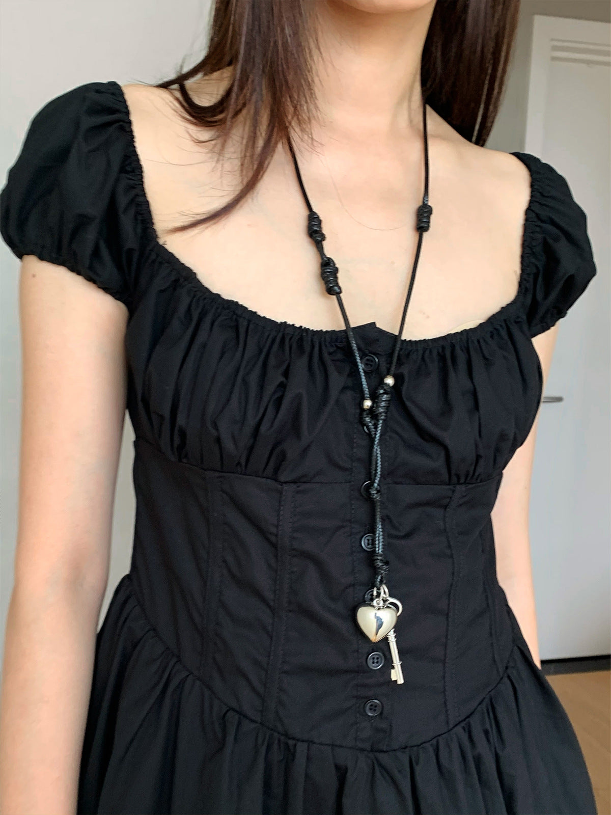 Dorothy Summer New French Style Romantic Little Black Dress with Line Collar and Lantern Sleeves Slimming Ballet Style dress Women