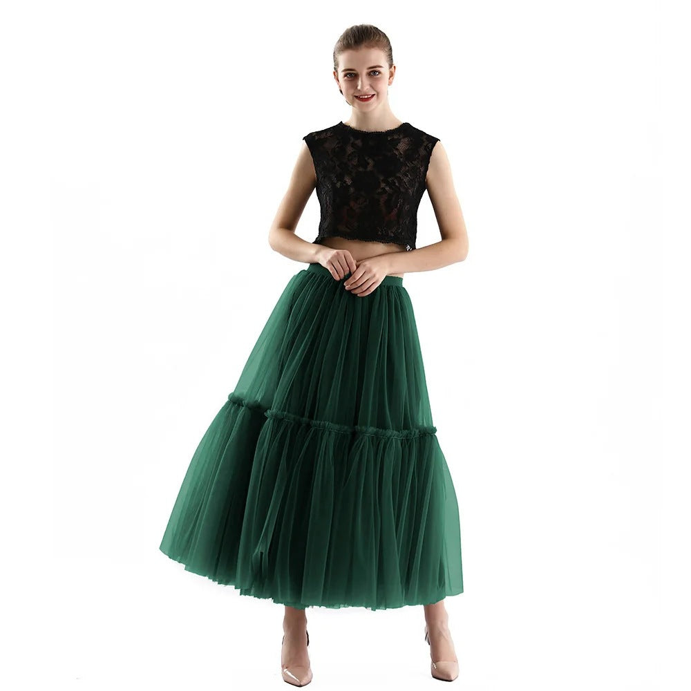 Mesh Skirt for Women 2025 Spring, Summer, and Autumn Long High-Waisted Ladylike Cake Skirt with Pleated Patchwork Midi Skirt with a Large Hem