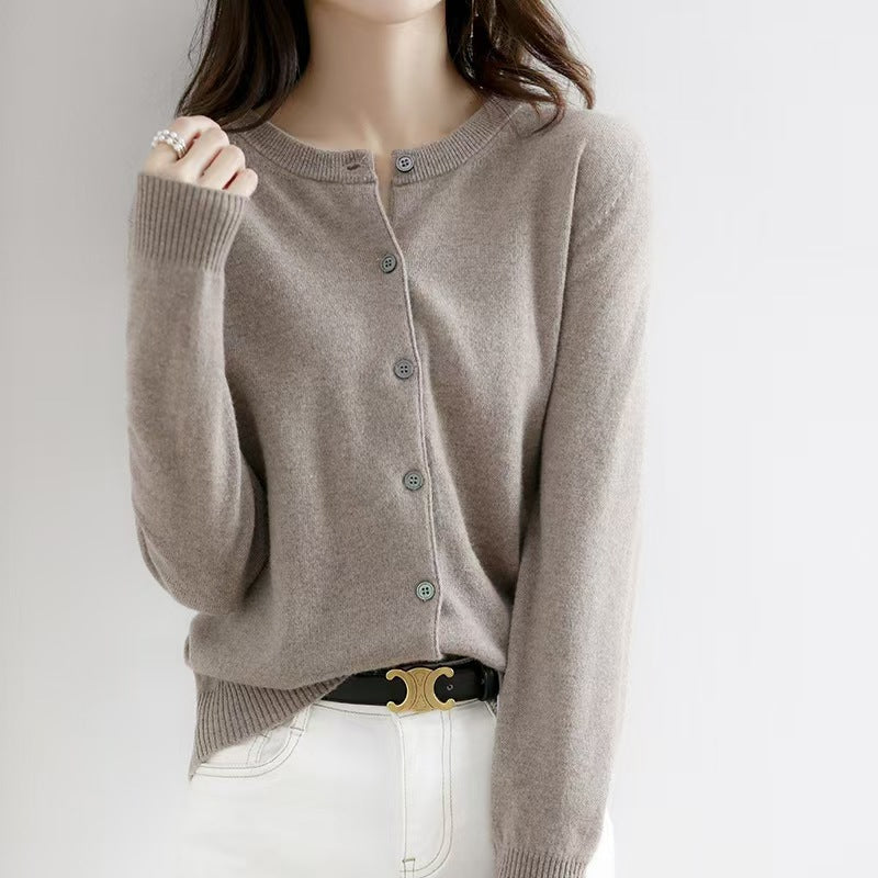 Autumn and Winter New Round Neck Knitted Cardigan Women's Loose Large Size Sweater Versatile Jacket Pure Color Bottoming Wool Jacket