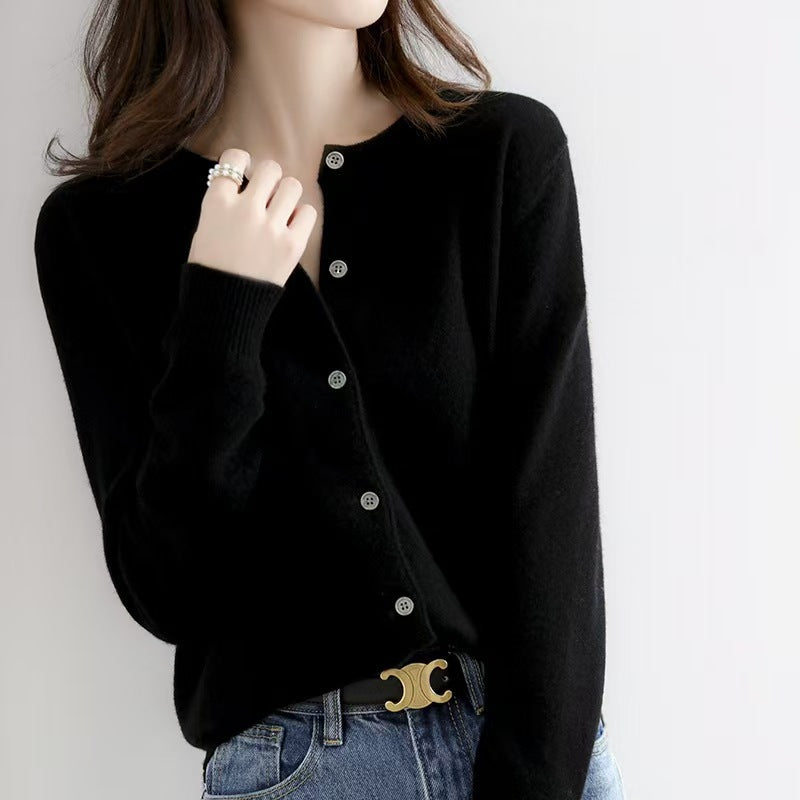 Autumn and Winter New Round Neck Knitted Cardigan Women's Loose Large Size Sweater Versatile Jacket Pure Color Bottoming Wool Jacket