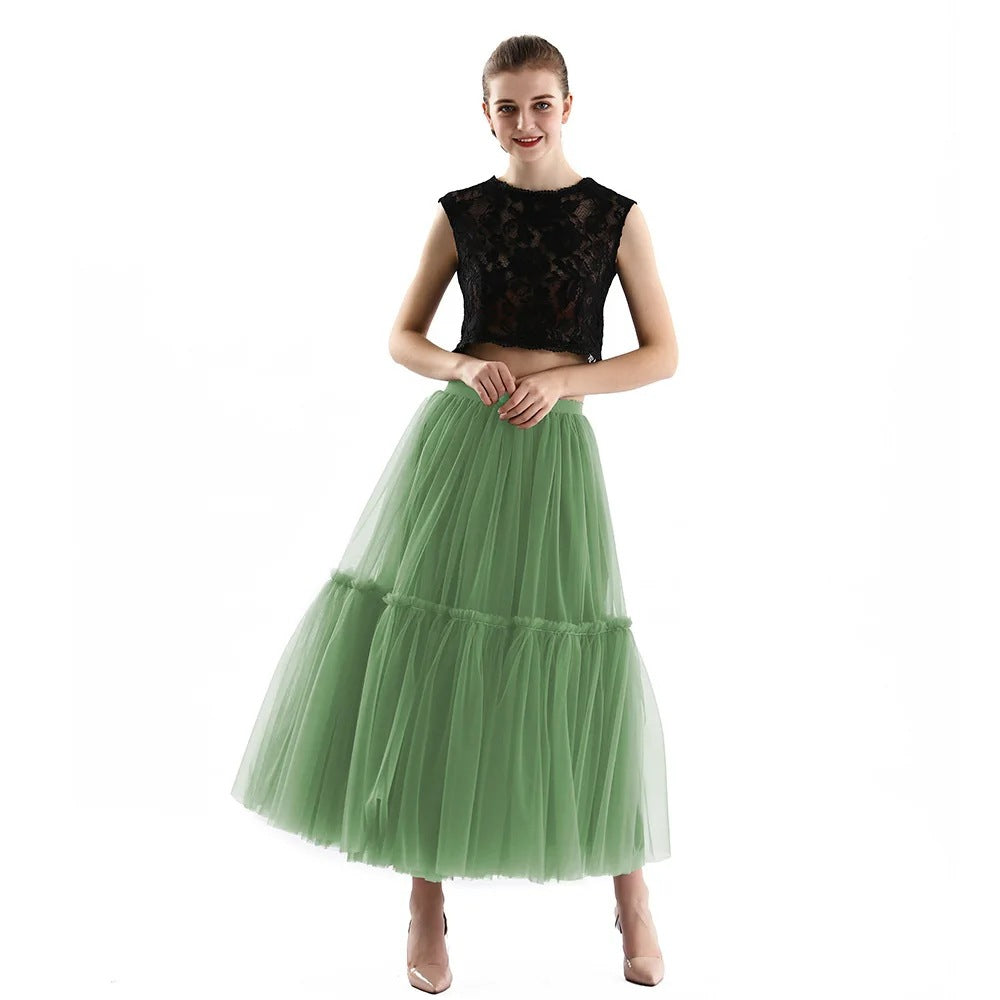 Mesh Skirt for Women 2025 Spring, Summer, and Autumn Long High-Waisted Ladylike Cake Skirt with Pleated Patchwork Midi Skirt with a Large Hem