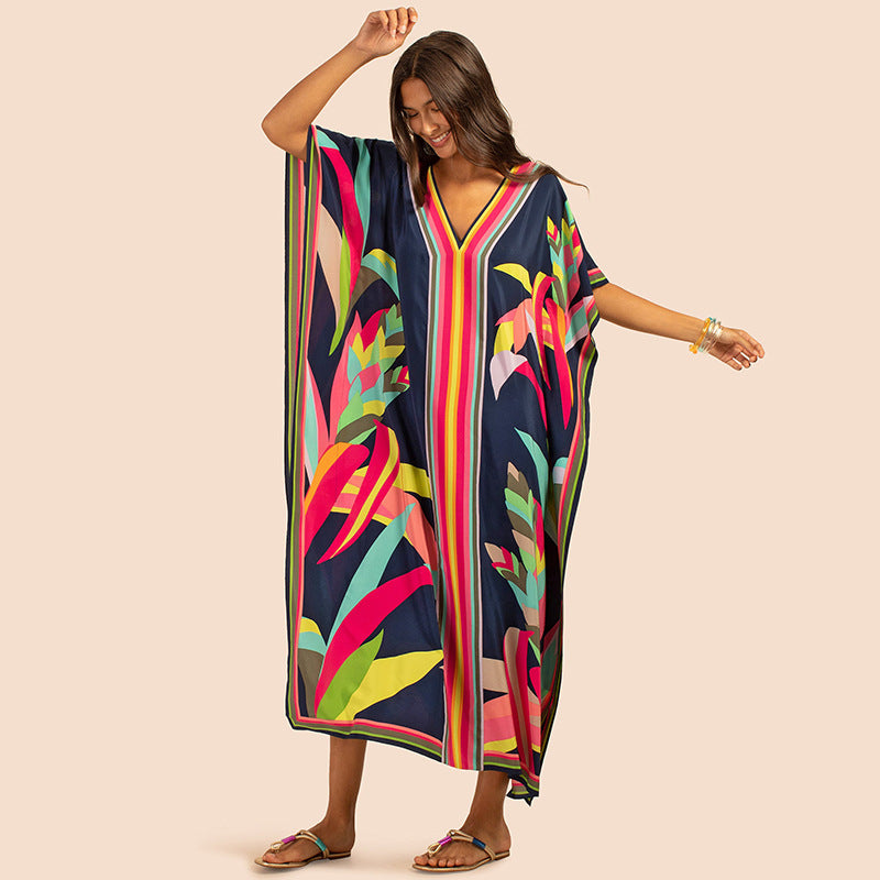 European and American New Positioning Printed Blouse Seaside Vacation Long Dress Loose Blouse Bikini Swimwear Long Gown Women