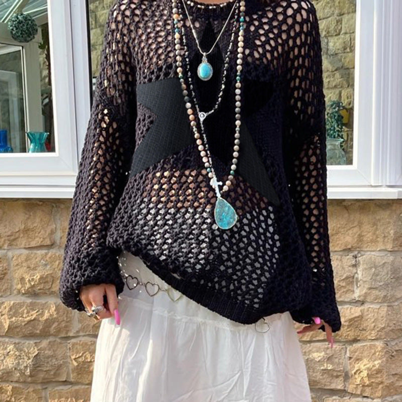 Lazy Style Star Loose Long-Sleeved Knitwear 2025 Women's Sexy Cut Out See-Through Pure Color Slimming Look Woolen Blouse